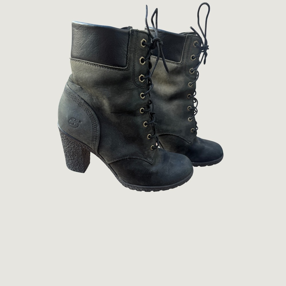Timberland Glancy Black Leather Lace Up Heeled Boots Women's 7 A18Z6